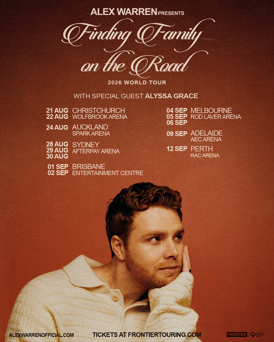 Alex Warren 2026 World Tour poster listing dates and cities with special guest Alyssa Grace, featuring a portrait of Alex in a cream sweater.